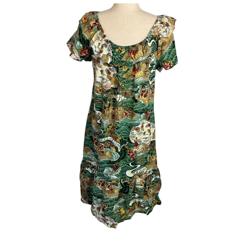 Hilo Hattie Hawaiian Original Muumuu Dress Large Land of Aloha Map Print Green - Picture 2 of 8